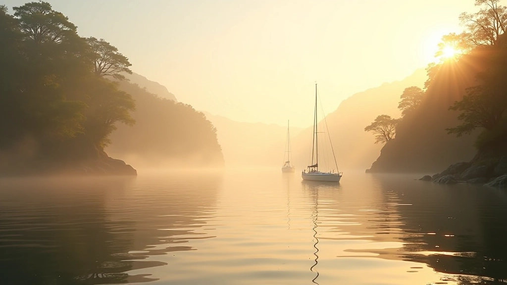 Morning mist over Bantry Bay with sailboats anchored in calm waters, soft golden light breaking through clouds