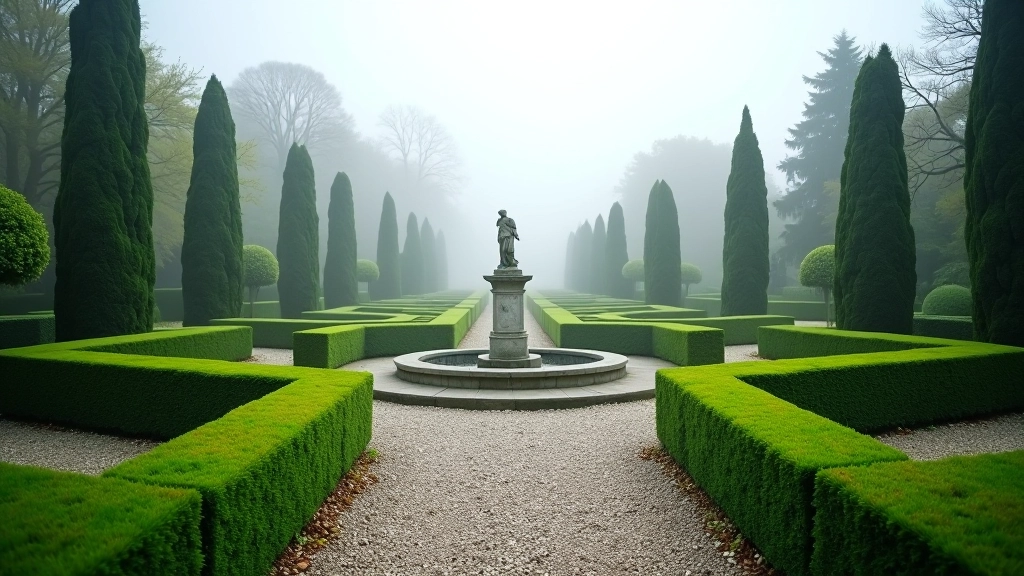 Formal Italian garden with clipped boxwood hedges, gravel pathways, and stone statue in morning light