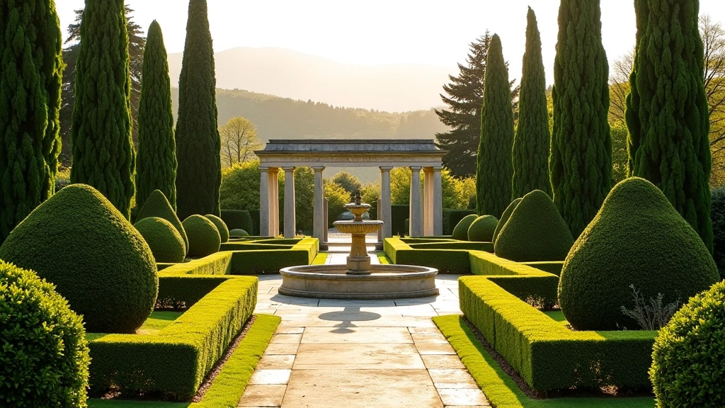 Renaissance villa courtyard with geometric hedge patterns, classical stone columns, and central fountain in Italian hillside setting