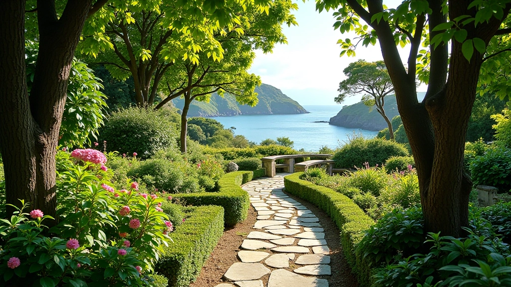 Lush Italianate gardens on Garinish Island with colorful flowering plants and stone pathways