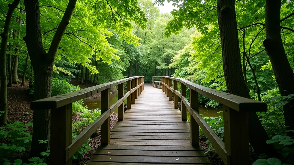 Rustic wooden footbridge winding through wooded paths on the island