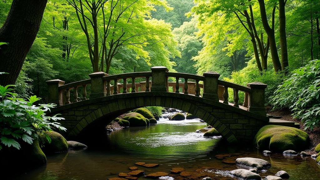 Stone footbridge over clear stream in woodland setting, moss-covered railings, dappled light, peaceful natural water feature