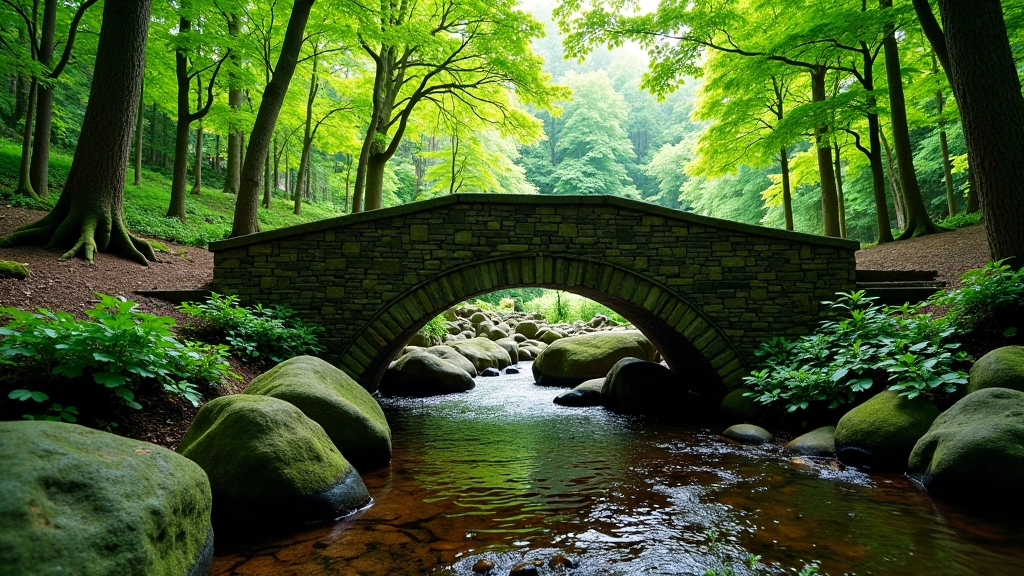 Stone footbridge over natural stream in woodland setting