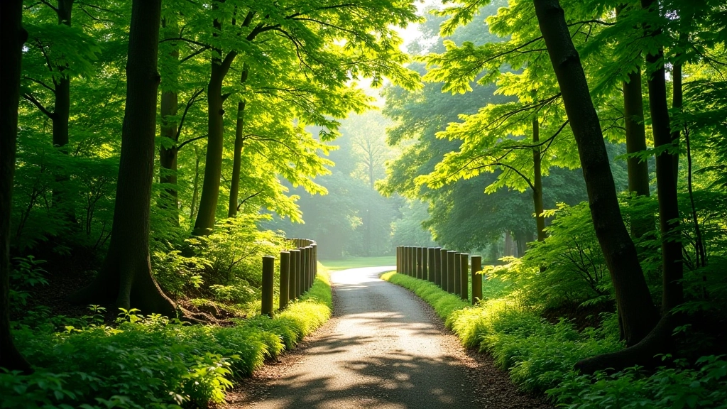 Winding woodland path with dappled sunlight filtering through dense tree canopy, peaceful natural setting